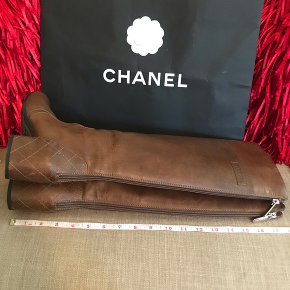 Chanel Knee High Boots Zip up Logo Brown Leather - Picture 7 of 16